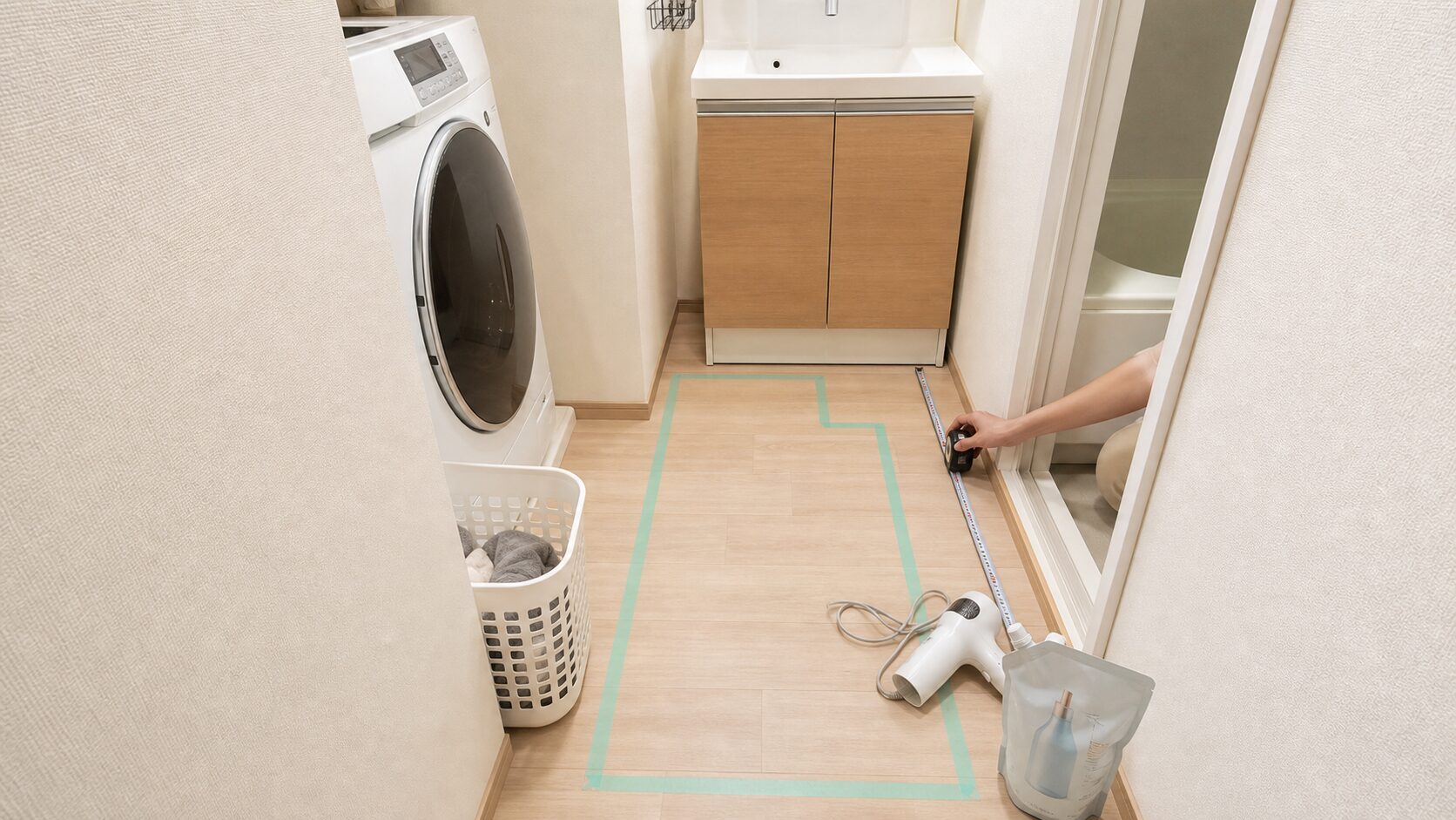狭い洗面所でメジャーとマスキングテープを使い収納の奥行きと通路を確認している写真