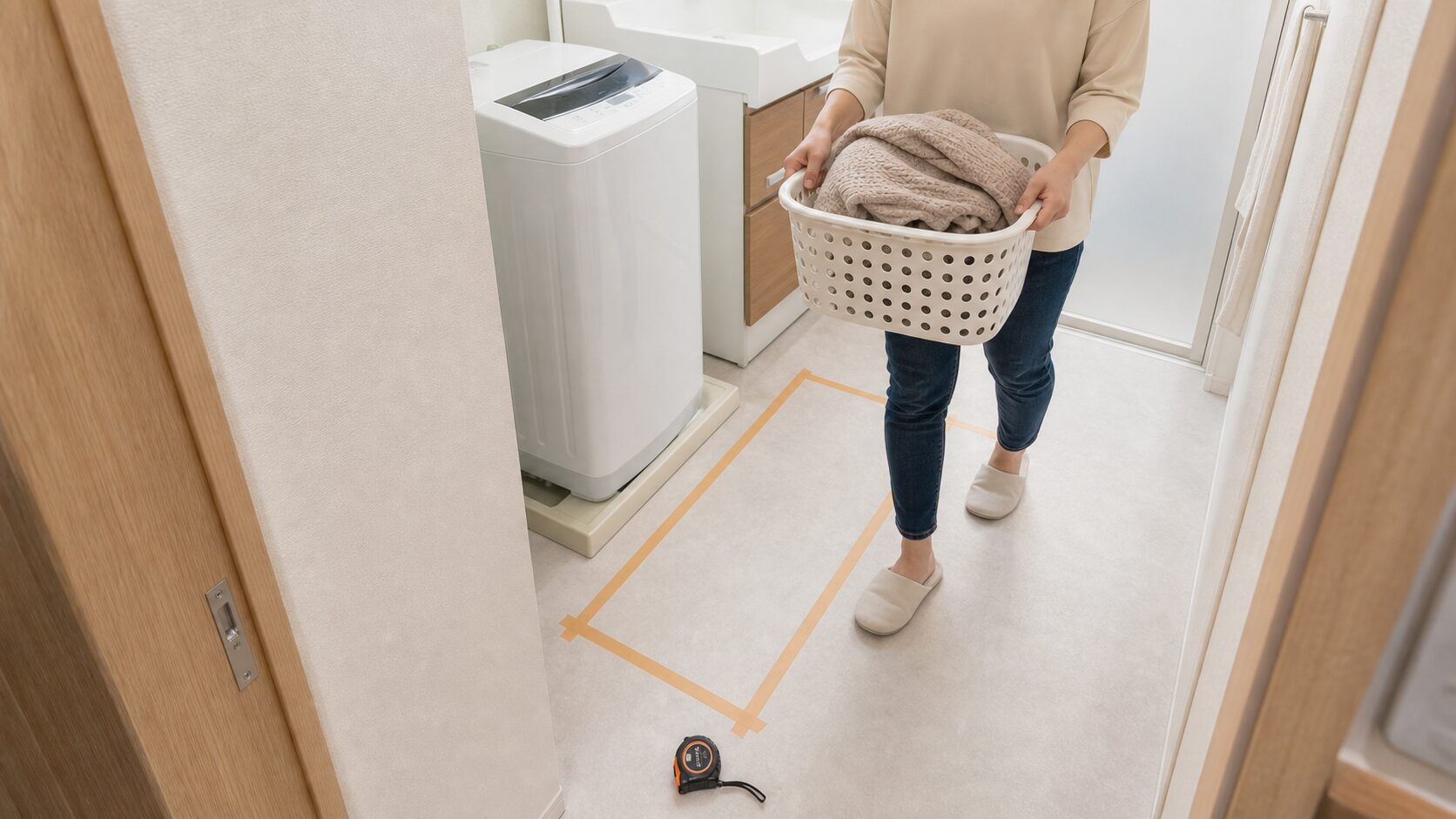 床にマスキングテープで収納の奥行きを写し洗濯カゴを持って通路を試している様子