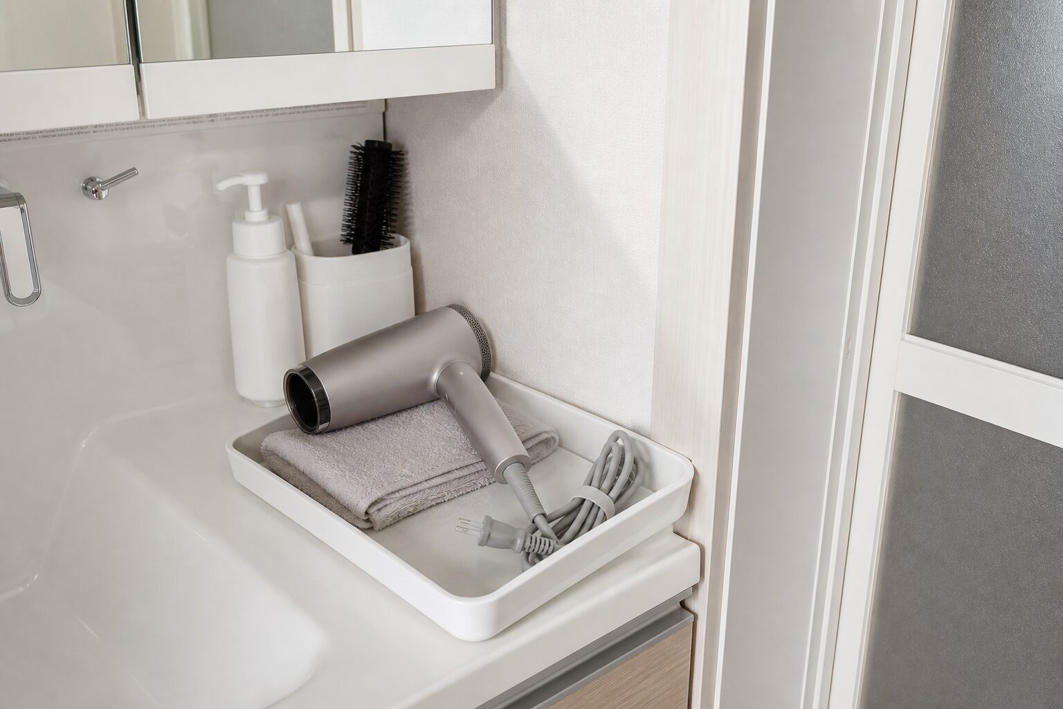 洗面所でドライヤーを冷ましてから戻せるオープントレーに置いている写真
