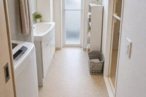 狭い洗面所で床の通り道を空けながら収納を整えている写真