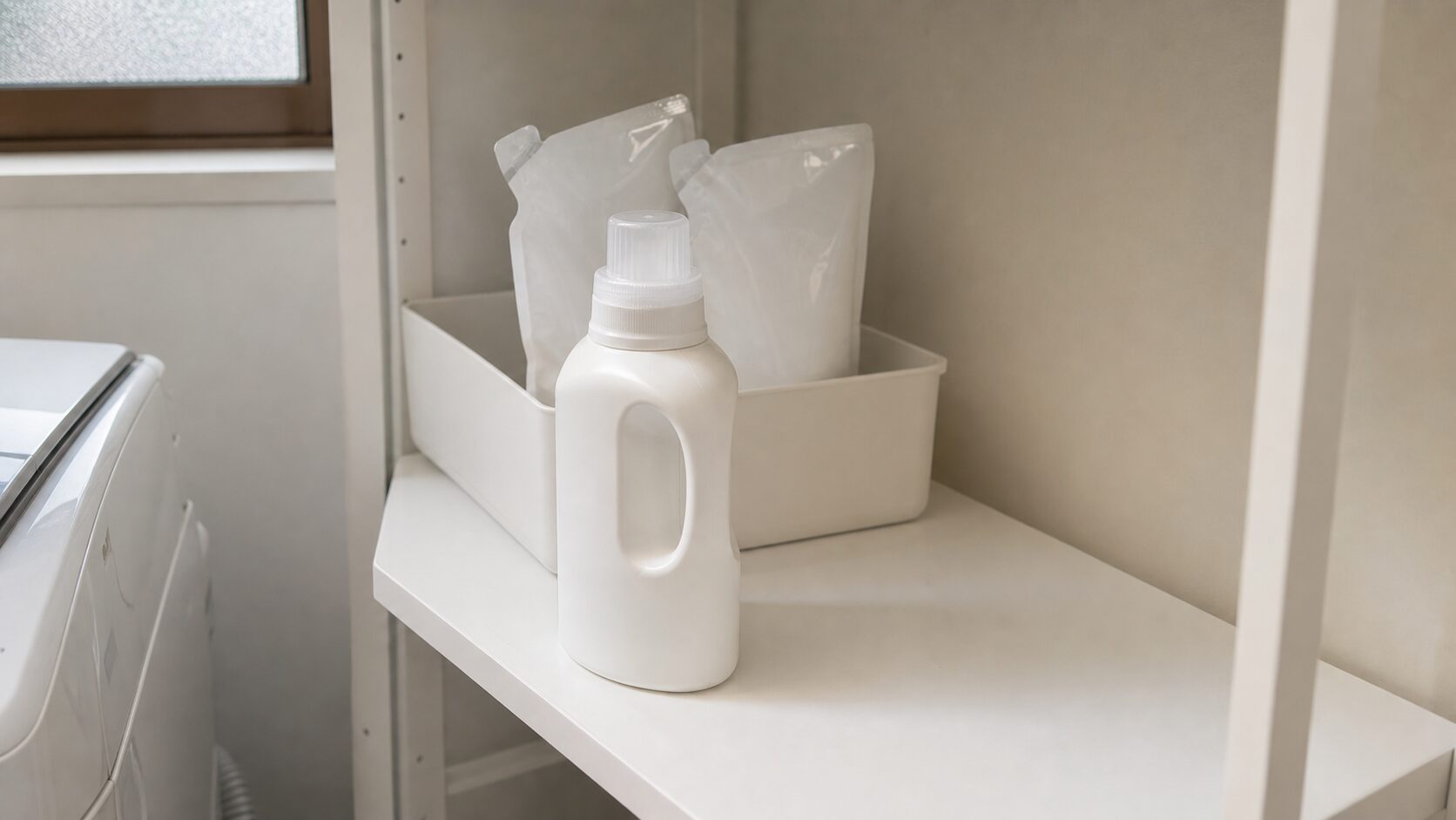 洗剤の使用中1本と予備2本を浅いケースに分けた写真