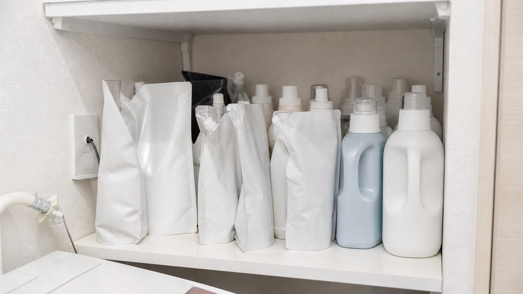 洗剤や詰め替えが棚に多く並び奥が見えにくい写真