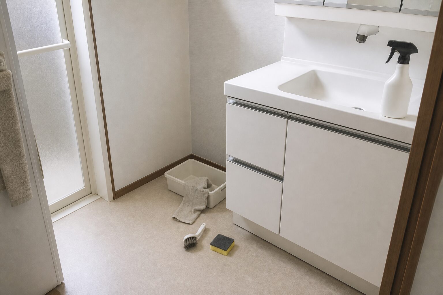 洗面所の床と洗面台まわりに掃除道具が残っている写真