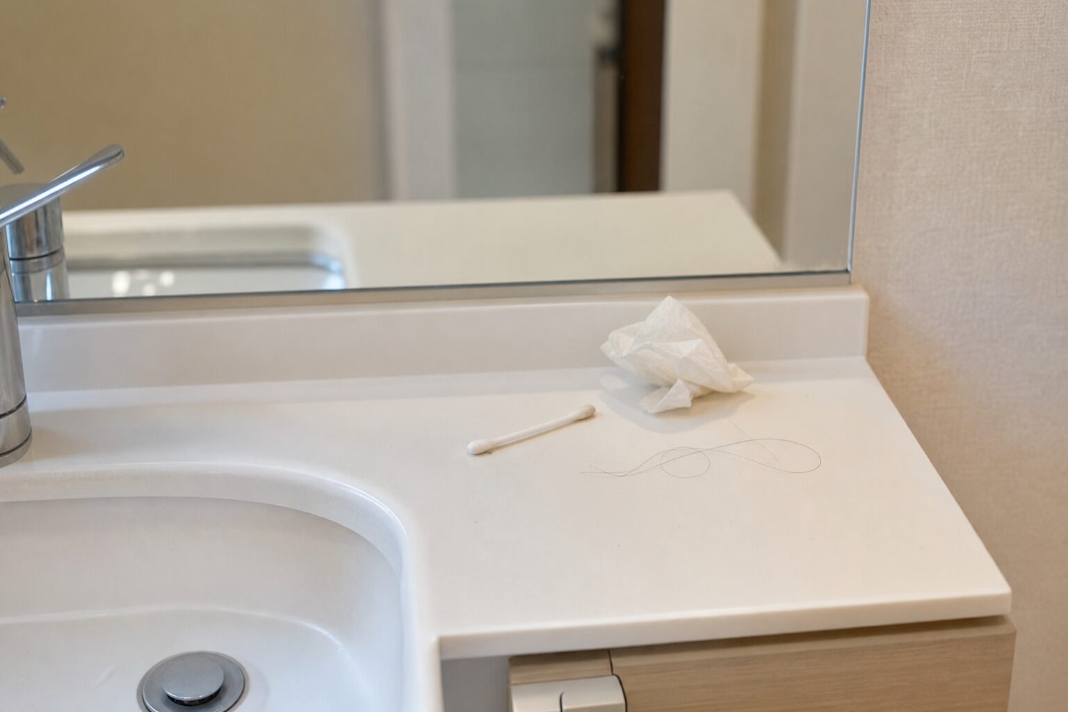 洗面台の端に綿棒やティッシュなどの小さなごみが残っている写真