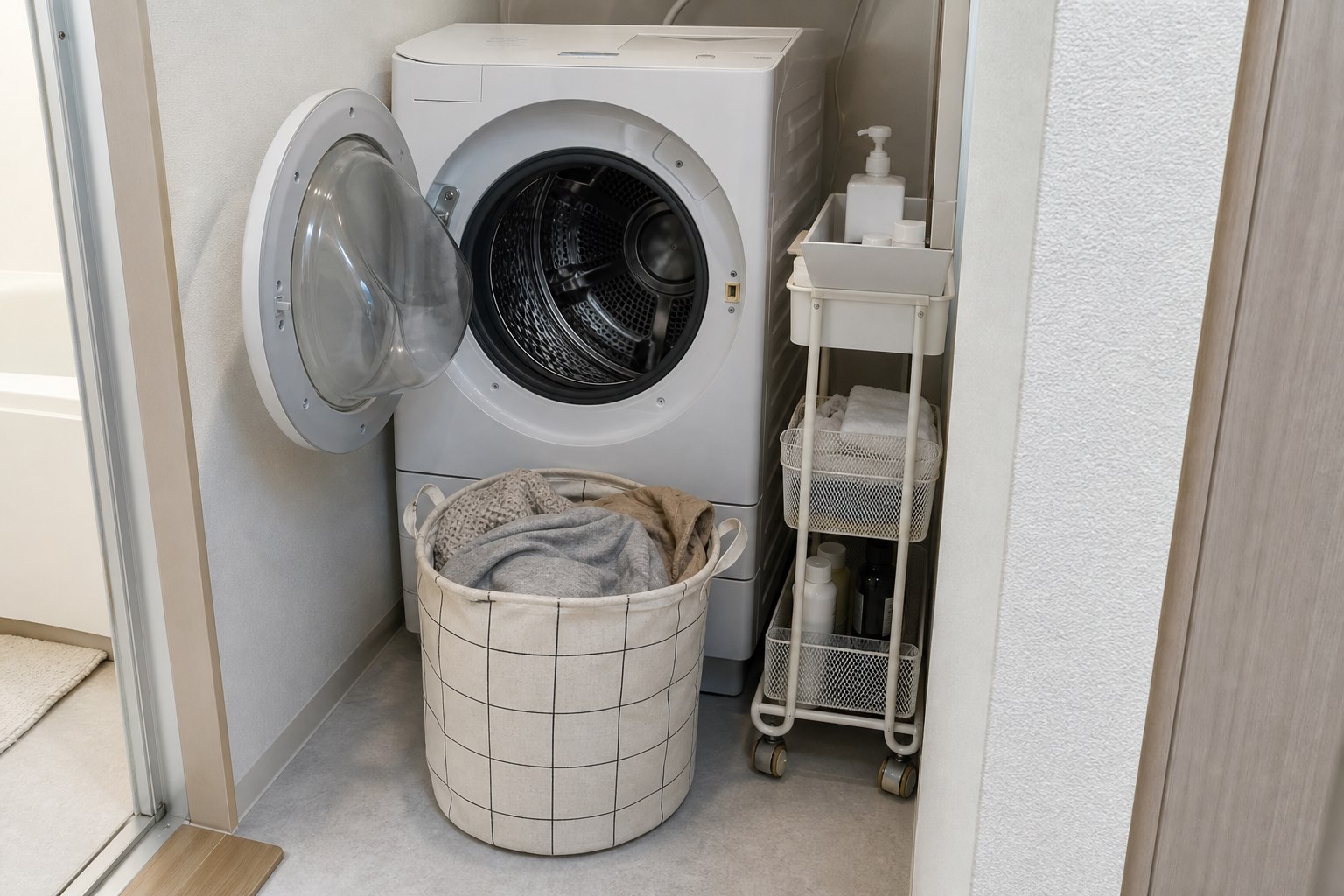 洗濯機の正面に洗濯かごと収納ワゴンが重なり衣類を出しにくい状態