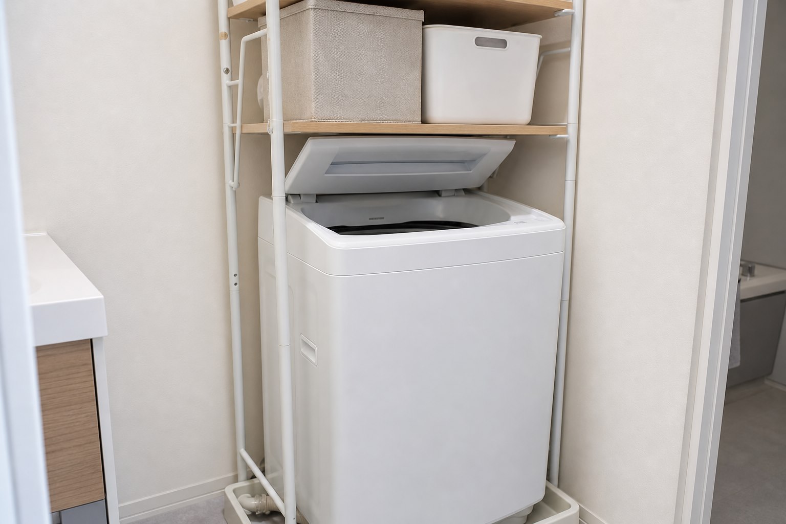縦型洗濯機のふたが低い棚板に当たり全開にならない状態