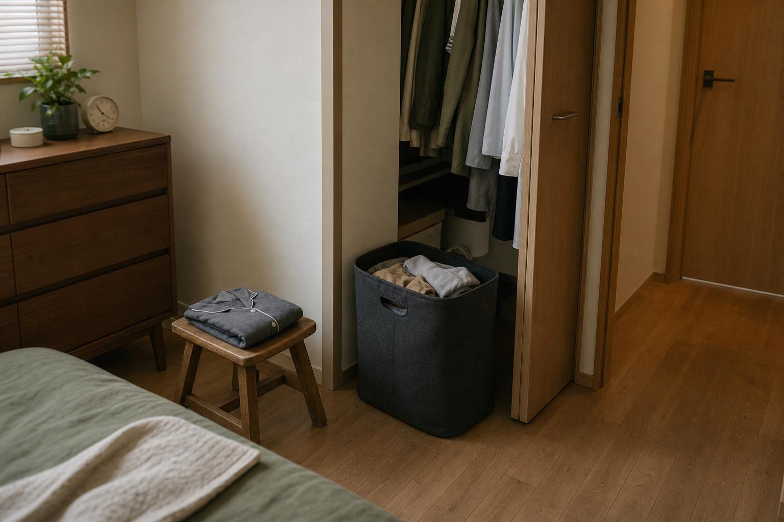 服を脱ぐクローゼットの近くへ洗濯待ちのかごを置いた寝室