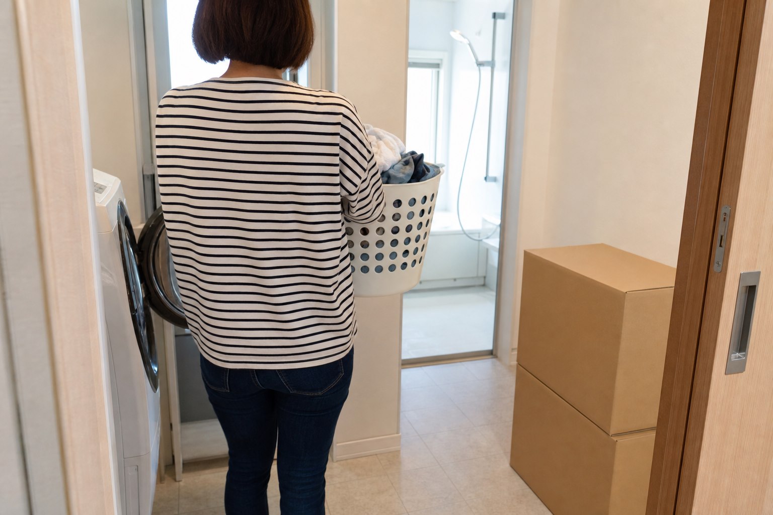 洗濯物入りのかごを持ち空き箱で再現した棚の前を通る動作確認