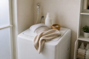 タオルや洗濯ネットが洗濯機の上に置きっぱなしになっている状態