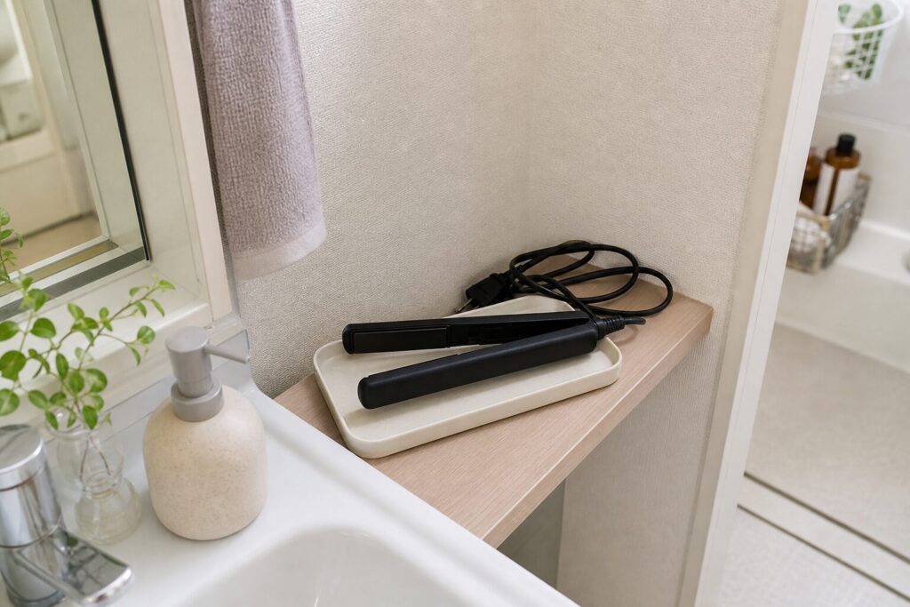 洗面所の乾いた棚でヘアアイロンを耐熱トレーに置き冷めるまで待つ場所
