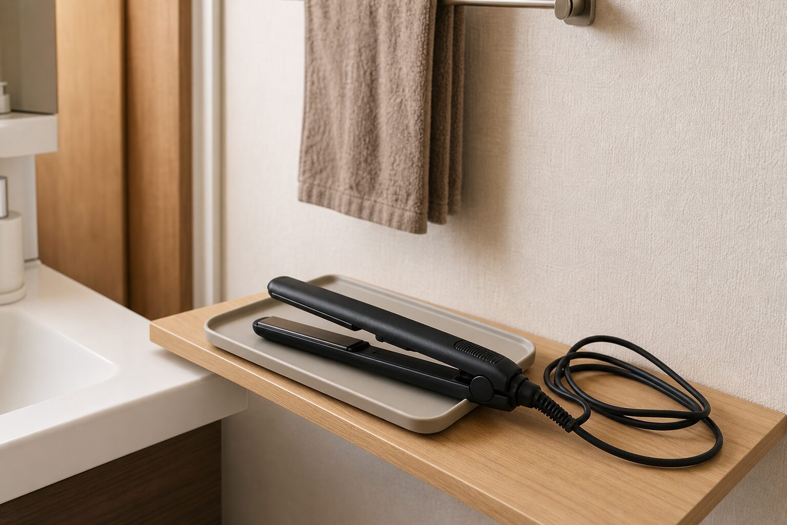洗面所の乾いた棚に耐熱トレーを置きヘアアイロンを冷ましている状態