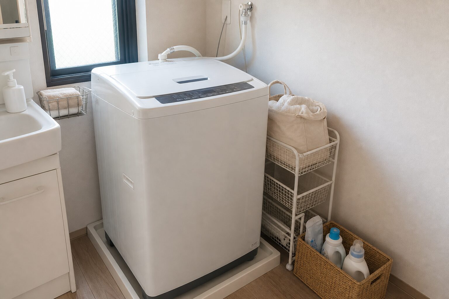 洗濯機上を空けて横に軽い物を置き低いかごに洗剤ストックを分けた洗面所