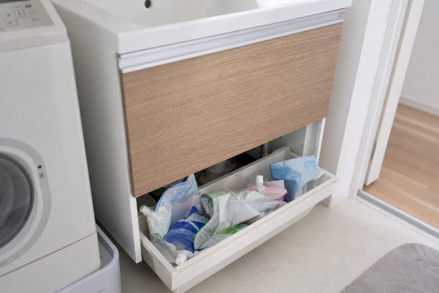 深い箱の中で洗剤詰め替えパックが倒れて奥が見えにくい収納
