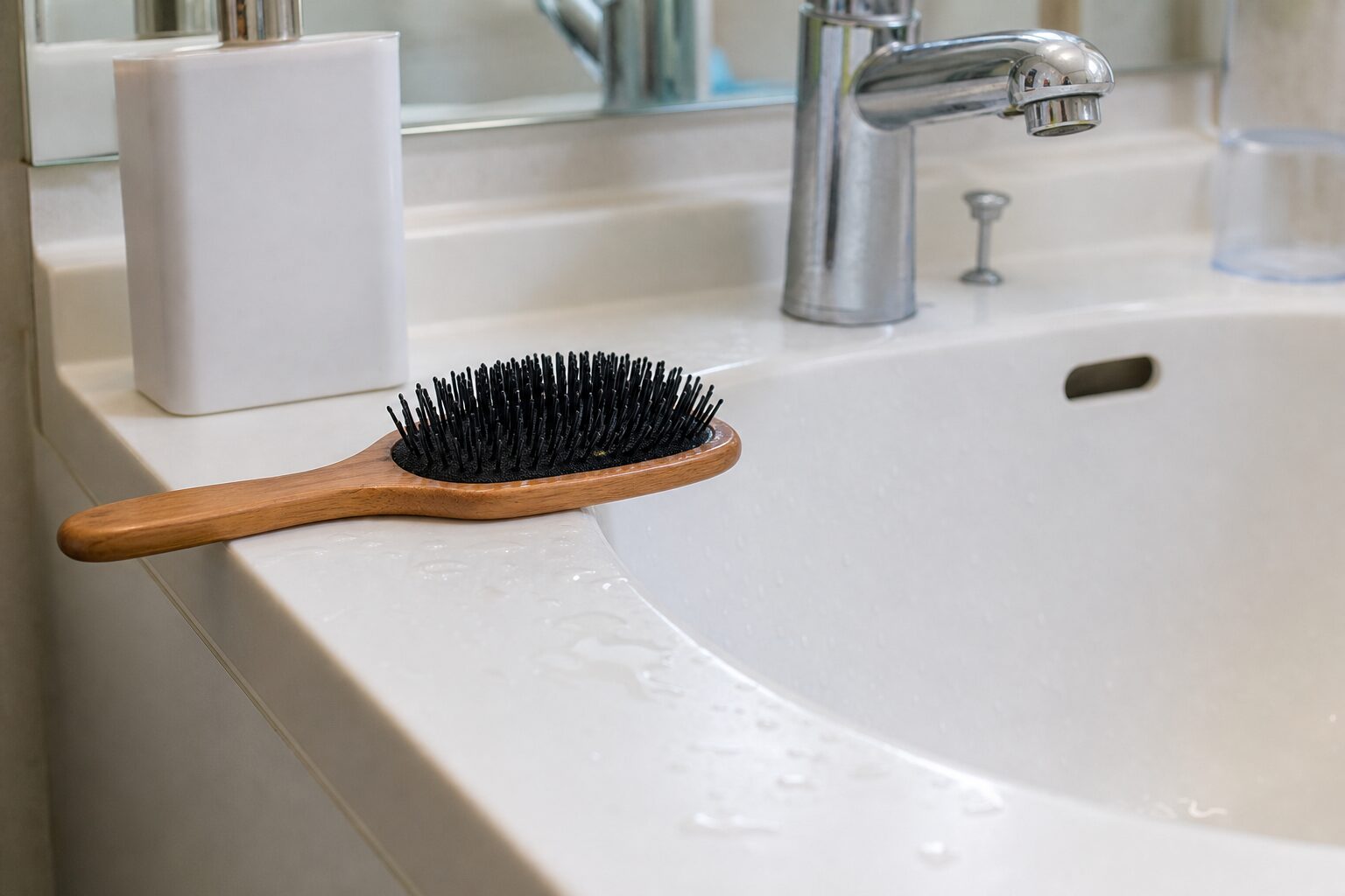 洗面台の水はねしやすい端にヘアブラシを寝かせた状態