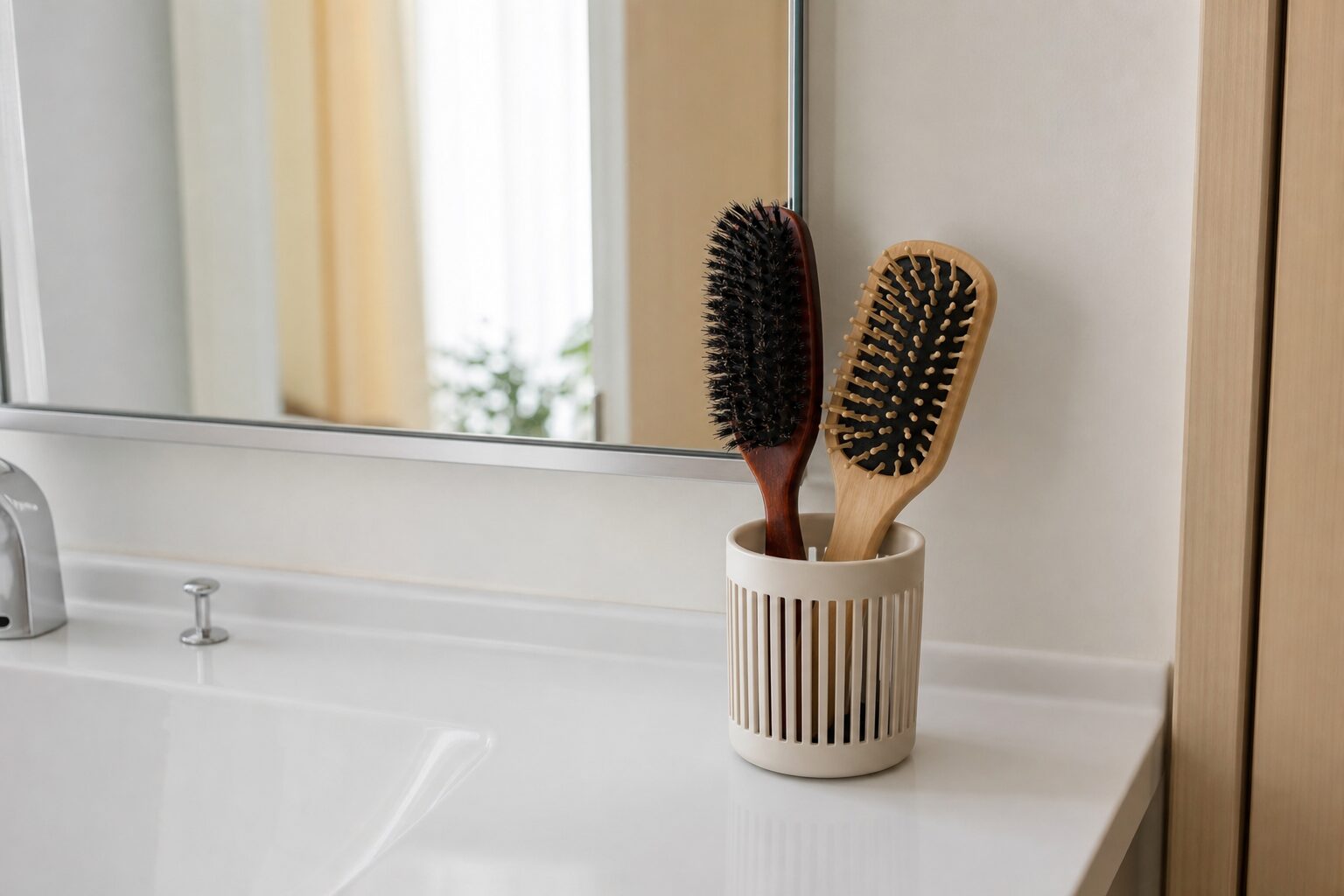 洗面所の鏡横でヘアブラシを立てて乾かす収納