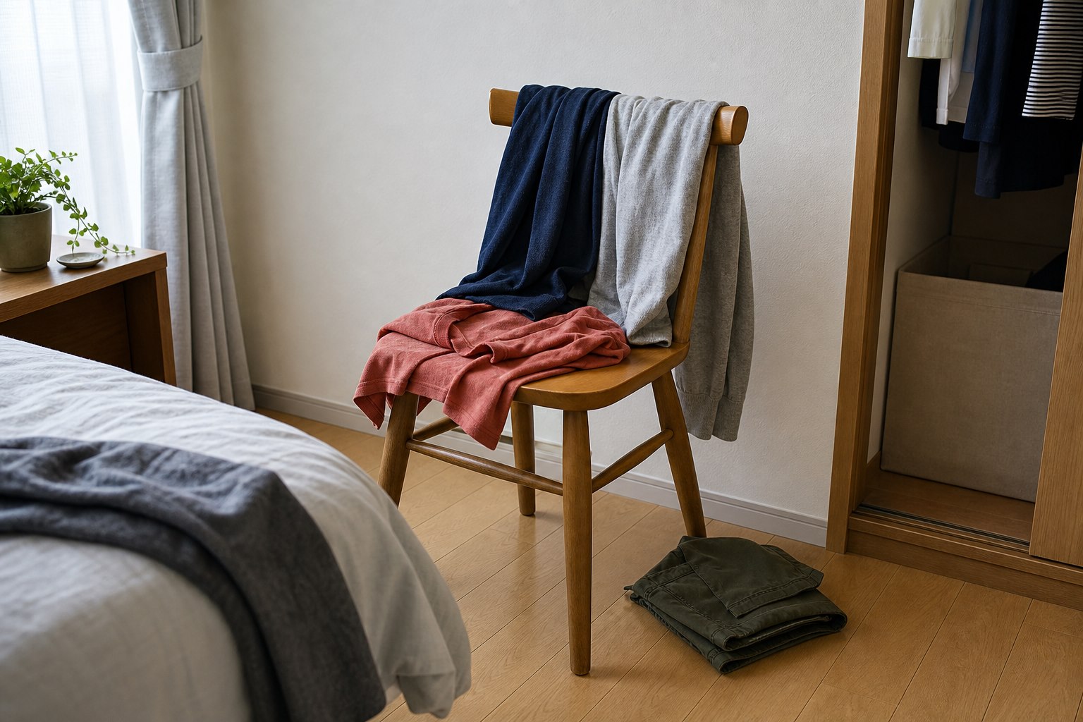 椅子と床に一度着た服が重なった寝室