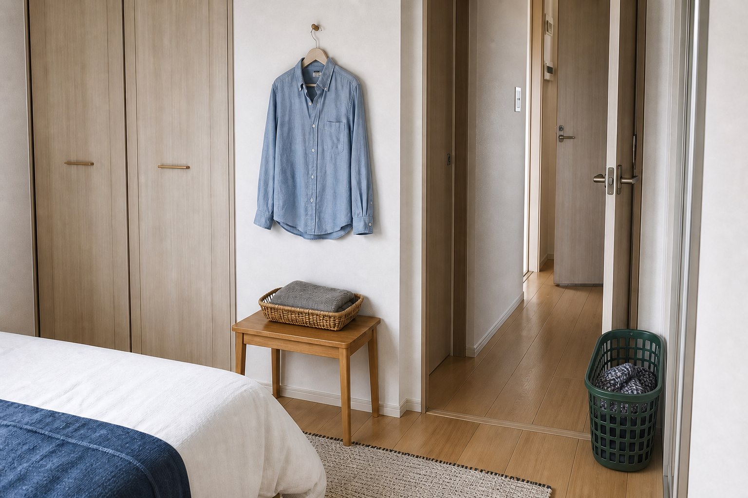 服を脱ぐ場所の近くで一度着た服と洗濯物を分けた収納