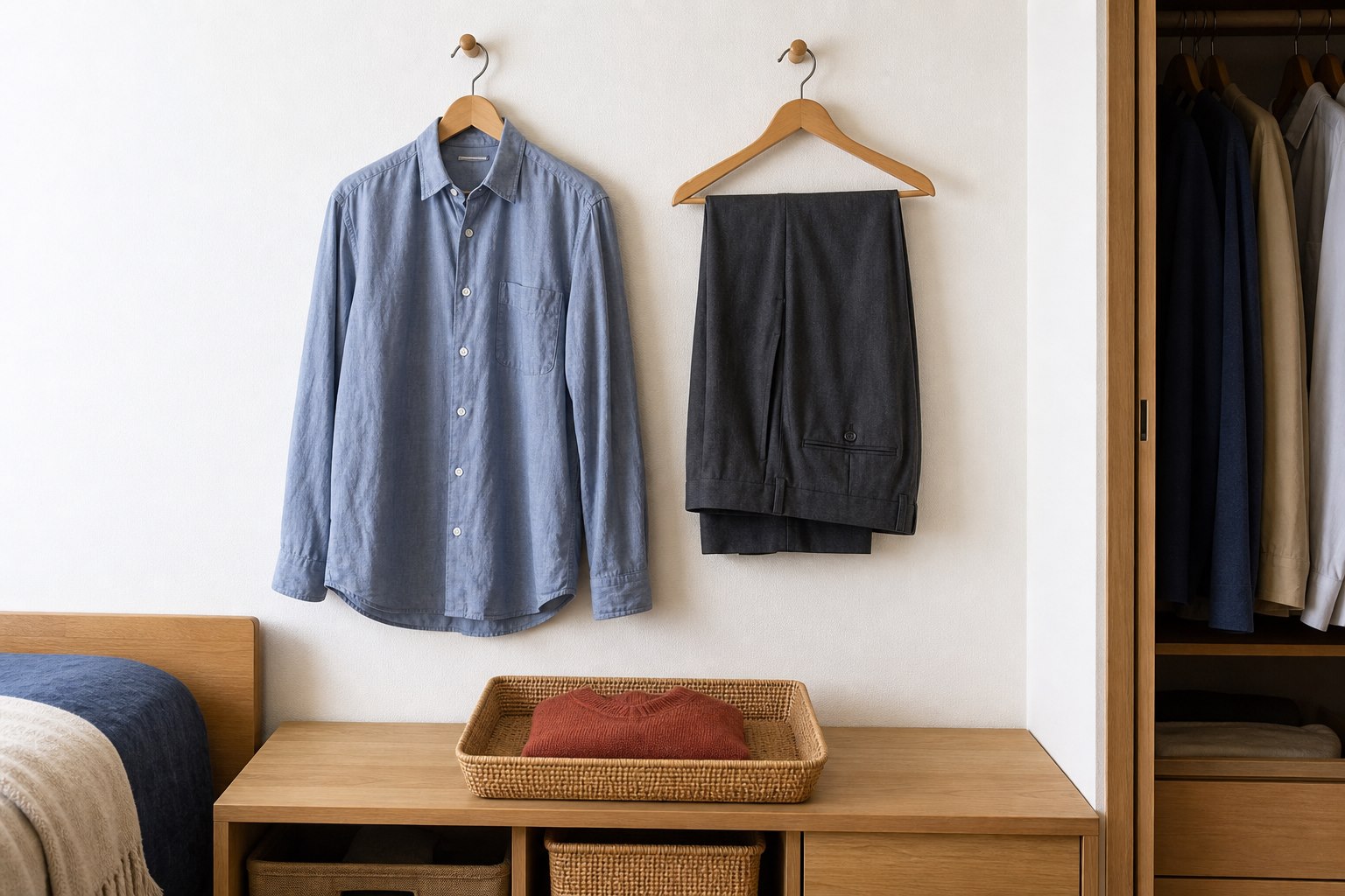 一度着た服を壁フックと浅いかごに分けた収納