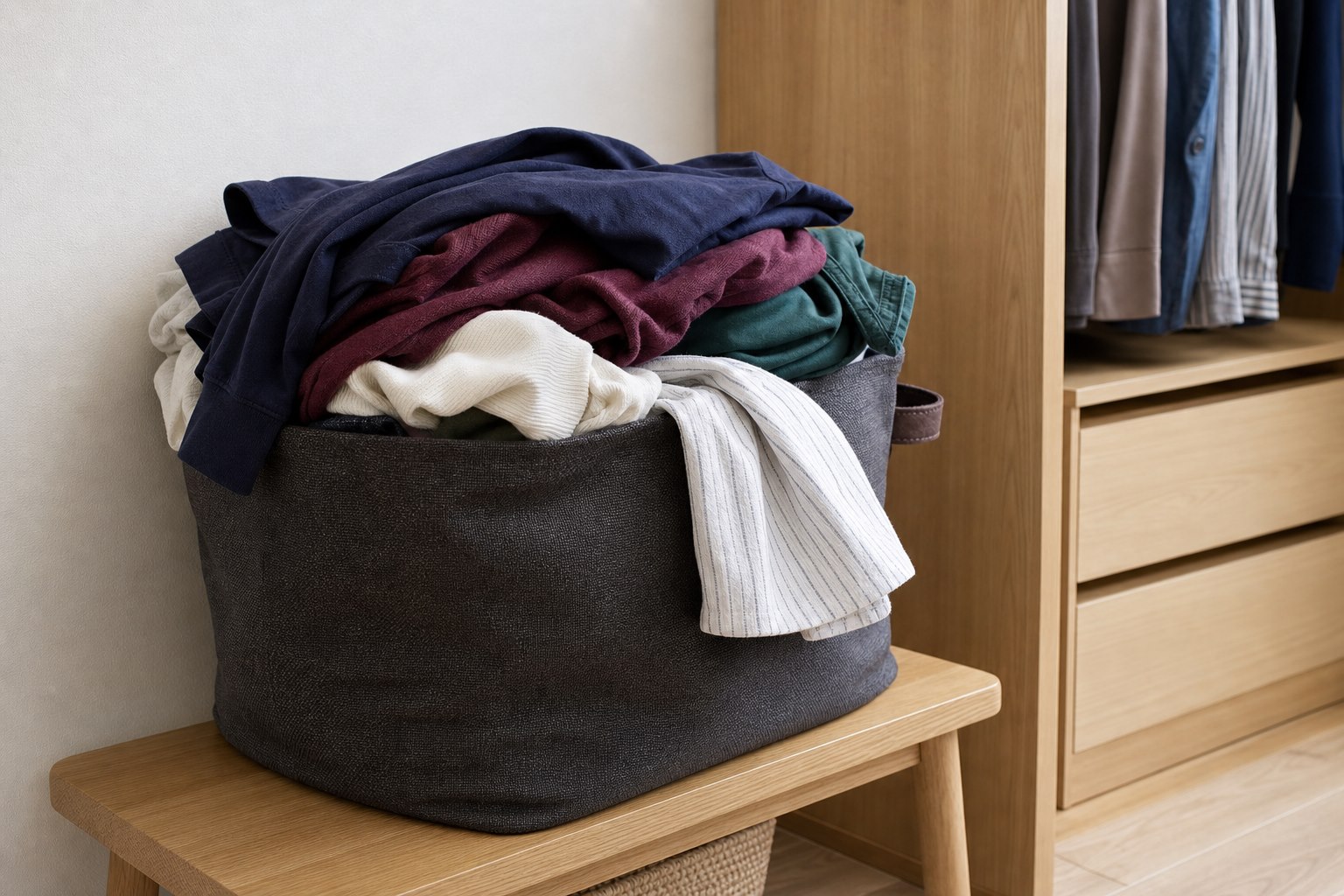 深いかごに一度着た服が重なり底が見えない状態
