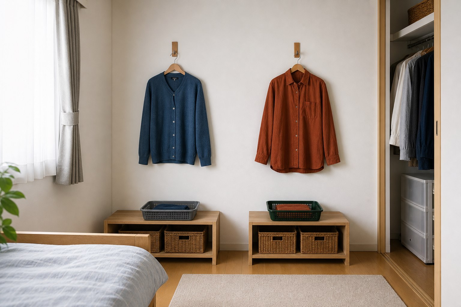 家族二人分の一度着た服を左右で分けた収納