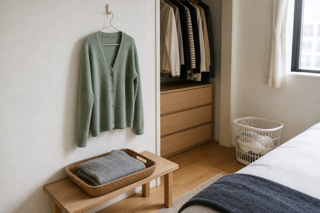 脱ぐ場所の近くで一度着た服をフックと浅いかごに分けた収納