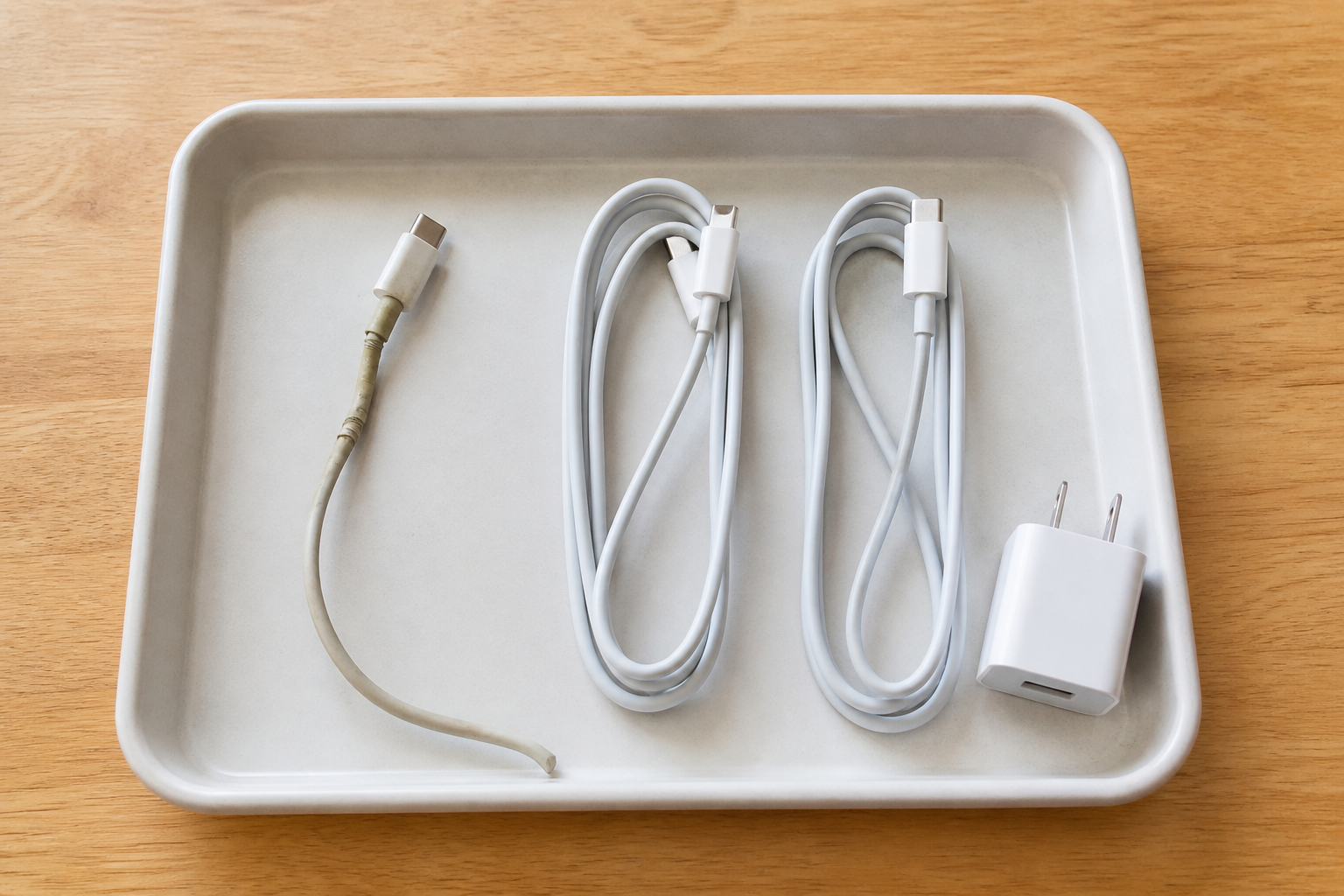 傷みのある充電ケーブルを使用中のケーブルから分けて確認している様子