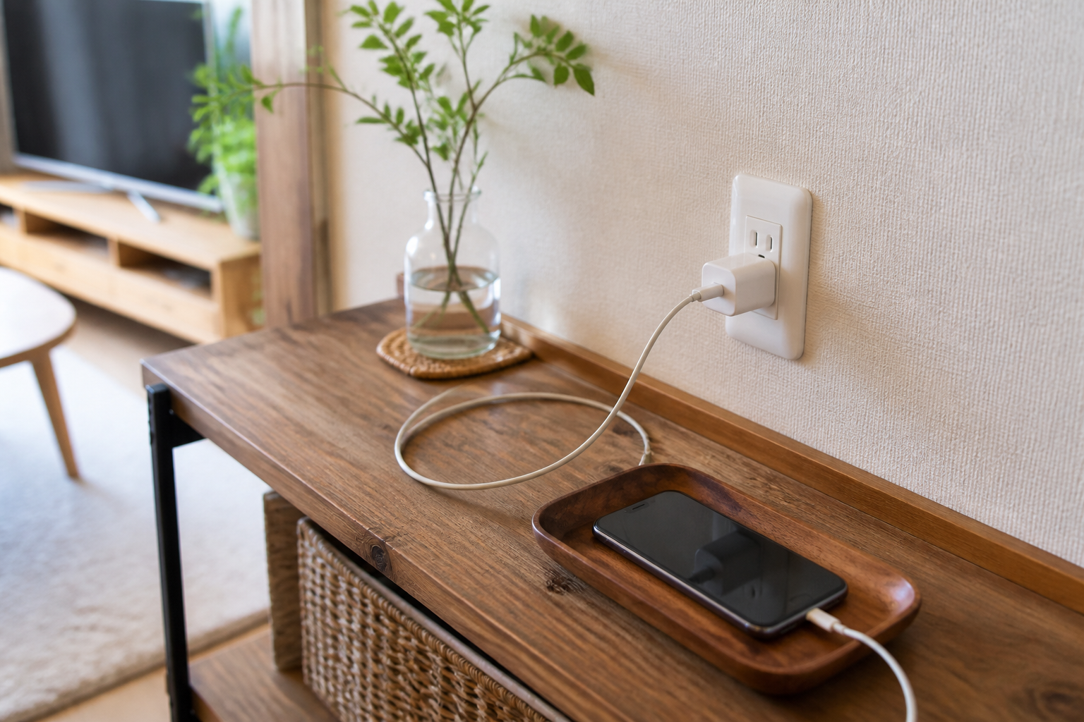 リビングの開いた棚に充電器とスマートフォンの定位置を作った様子