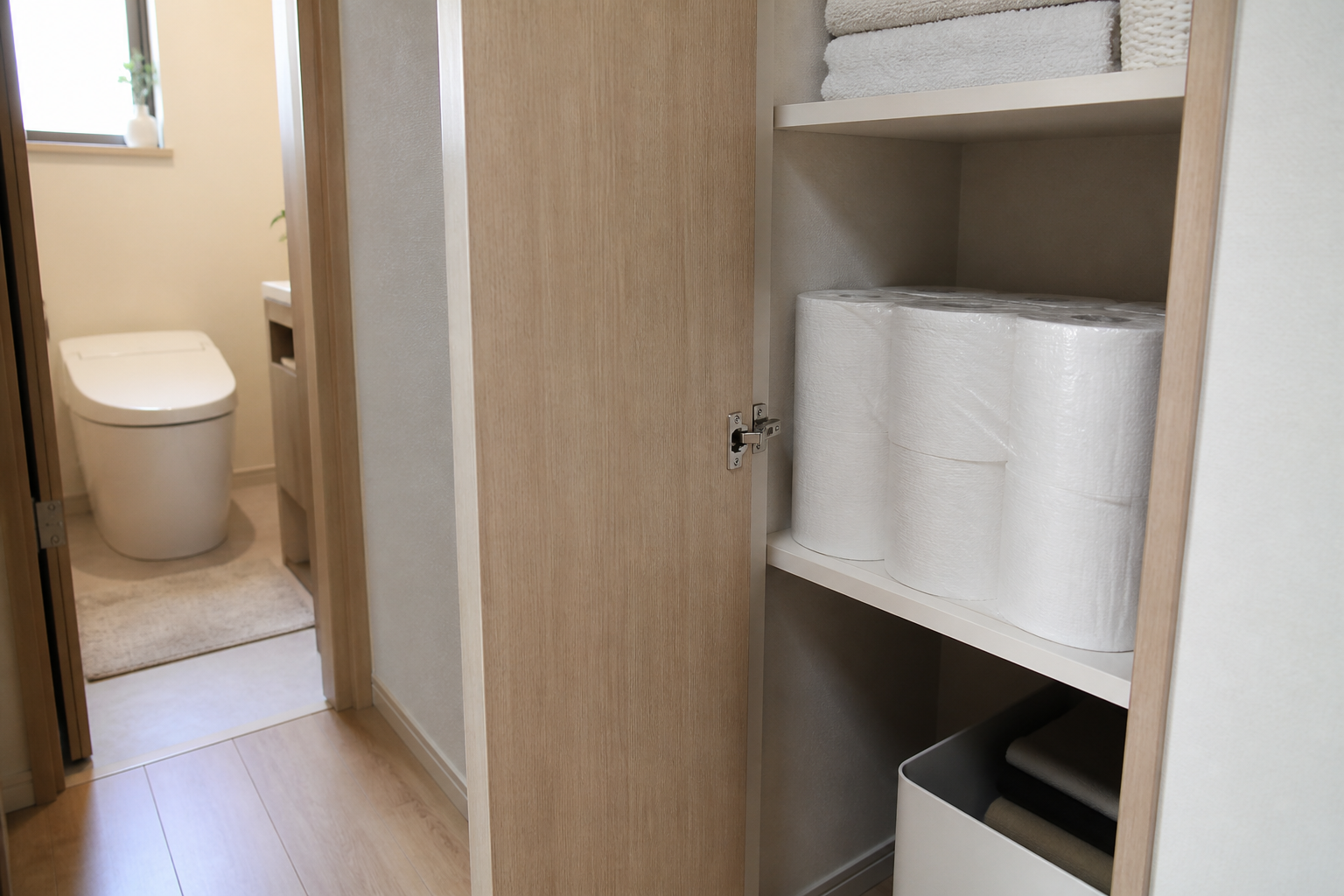 トイレ近くの乾いた収納棚に未開封のトイレットペーパーを置いた様子