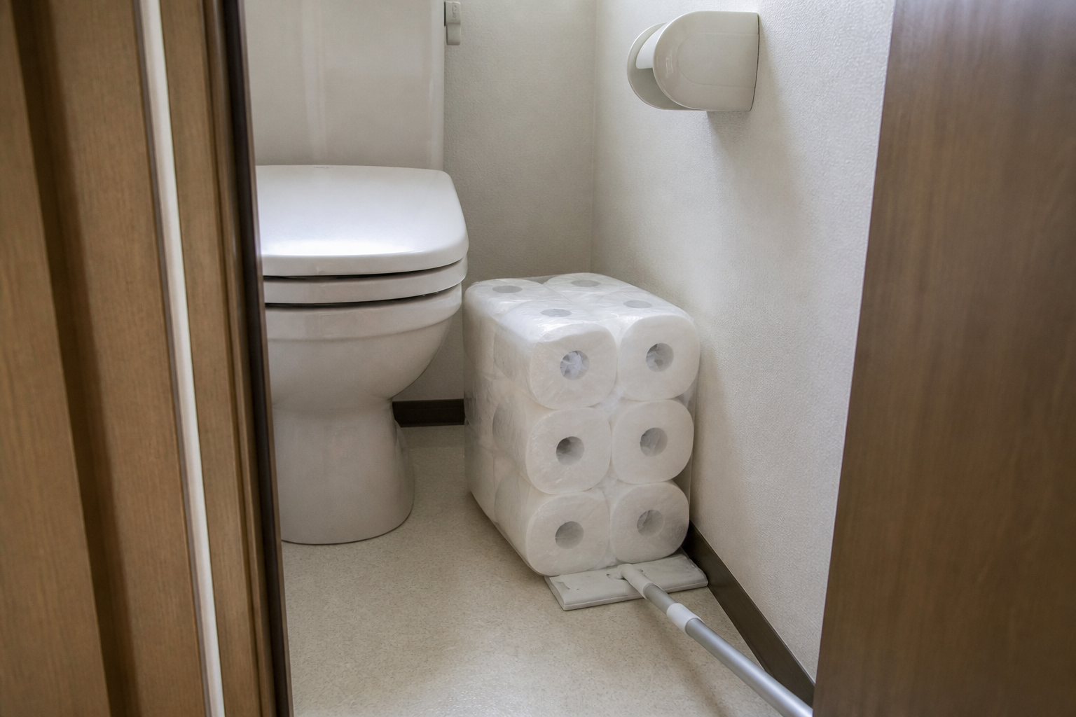 トイレの床に置いたトイレットペーパーの大袋が掃除を妨げている様子