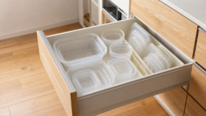 食品保存容器の本体を重ねてふたを立てたキッチンの引き出し収納