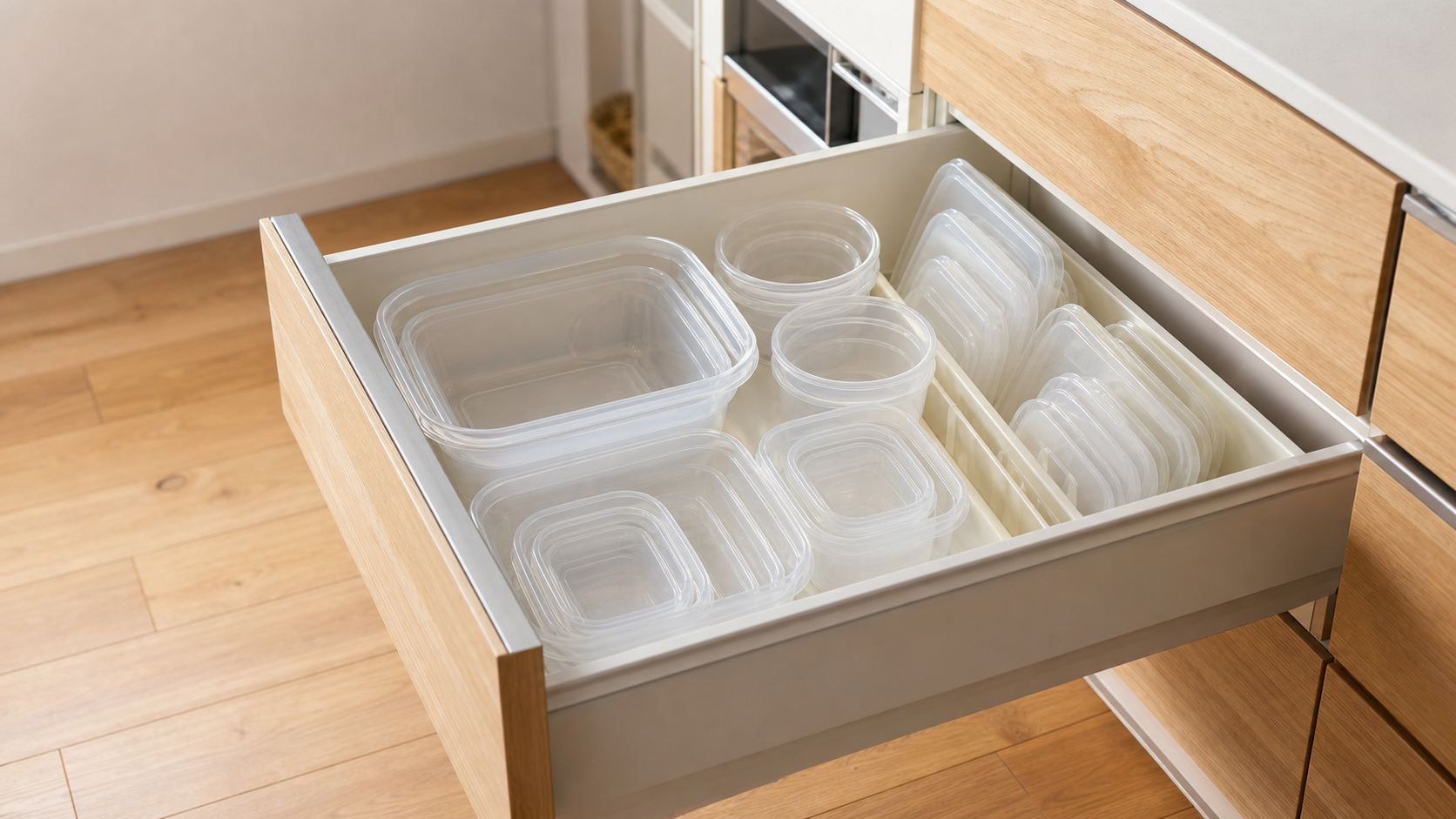 食品保存容器の本体を重ねてふたを立てたキッチンの引き出し収納