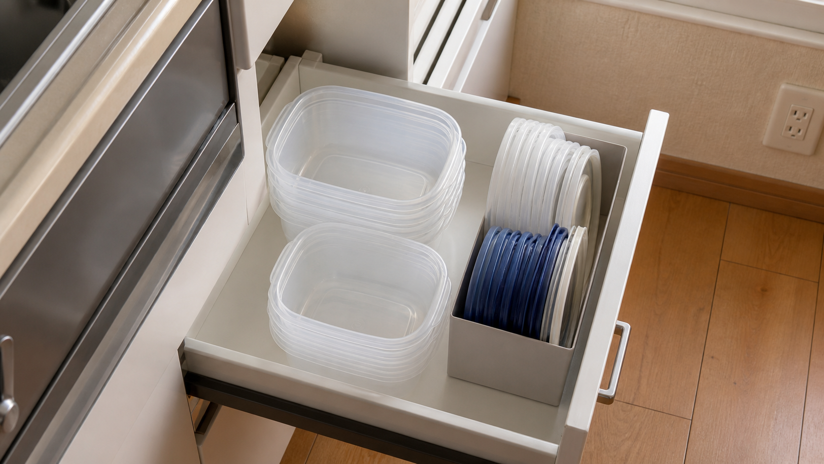 食品保存容器の本体を重ねてふたを低い箱に立てた引き出し収納