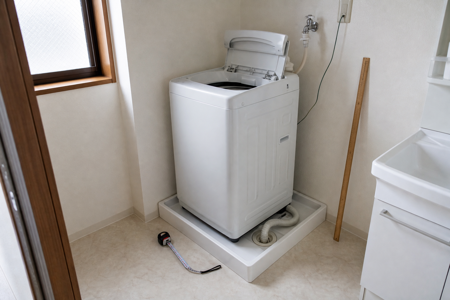 防水パンと蛇口と開いた洗濯機のふたを測る前の洗面所