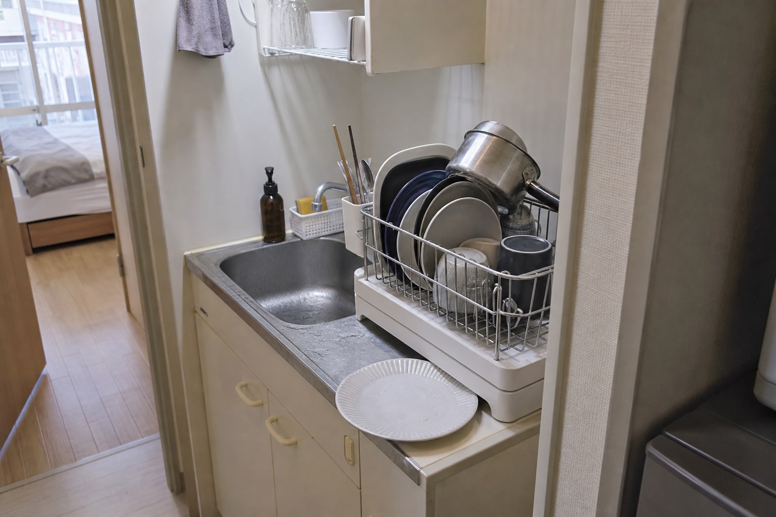 固定の水切りかごが小さな調理台を占めている狭いキッチン