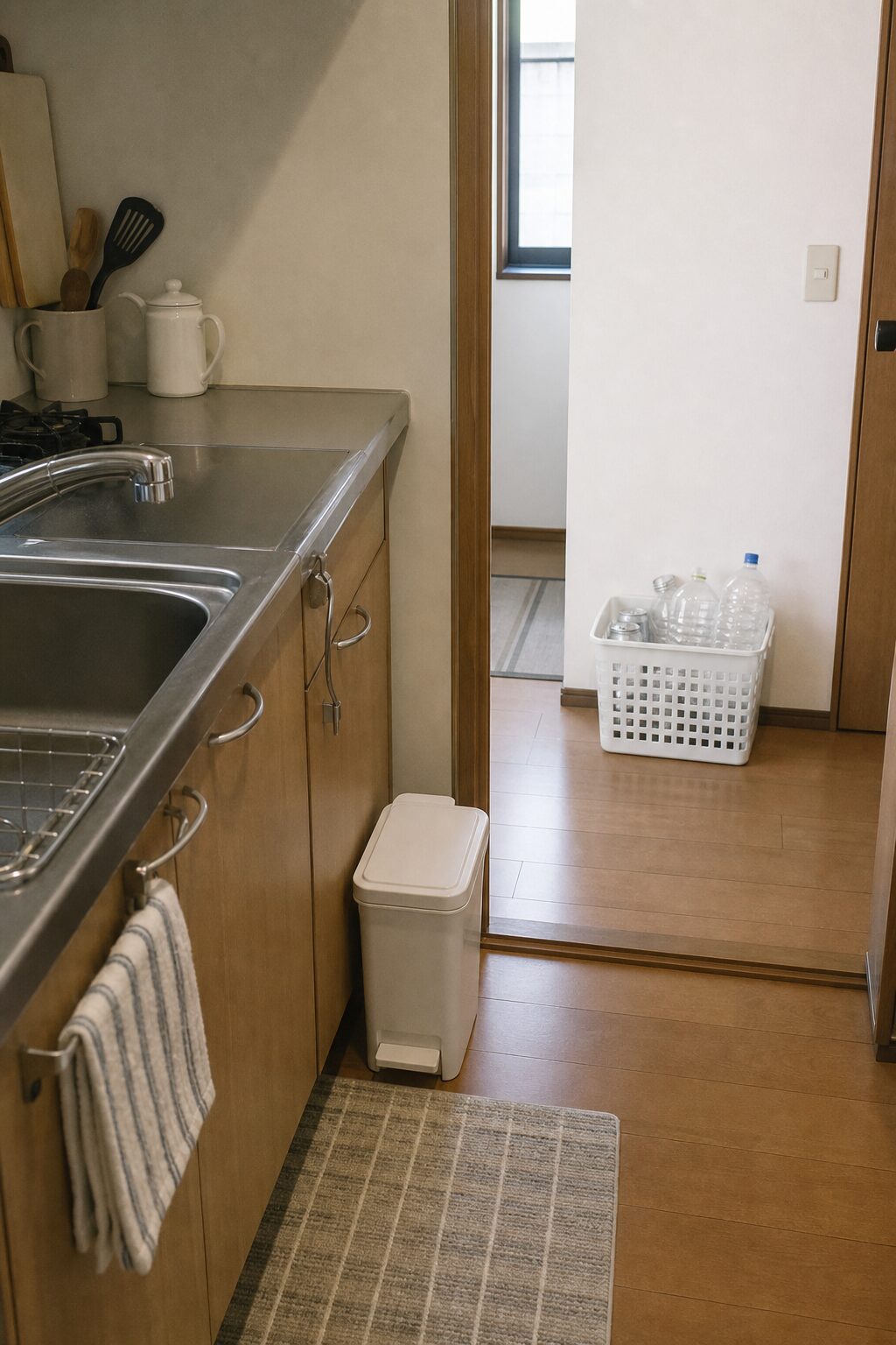 狭いキッチンの小型ゴミ箱と別場所に分けた乾いた資源ごみの保管