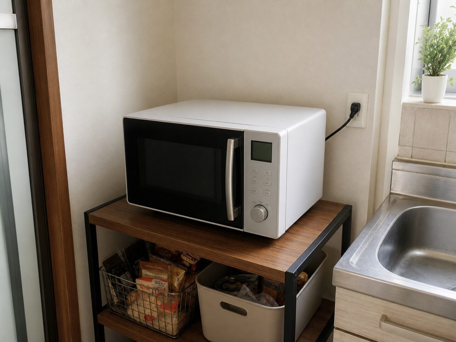 狭いキッチンの丈夫なラックに電子レンジを置き近くの壁コンセントへ接続した様子