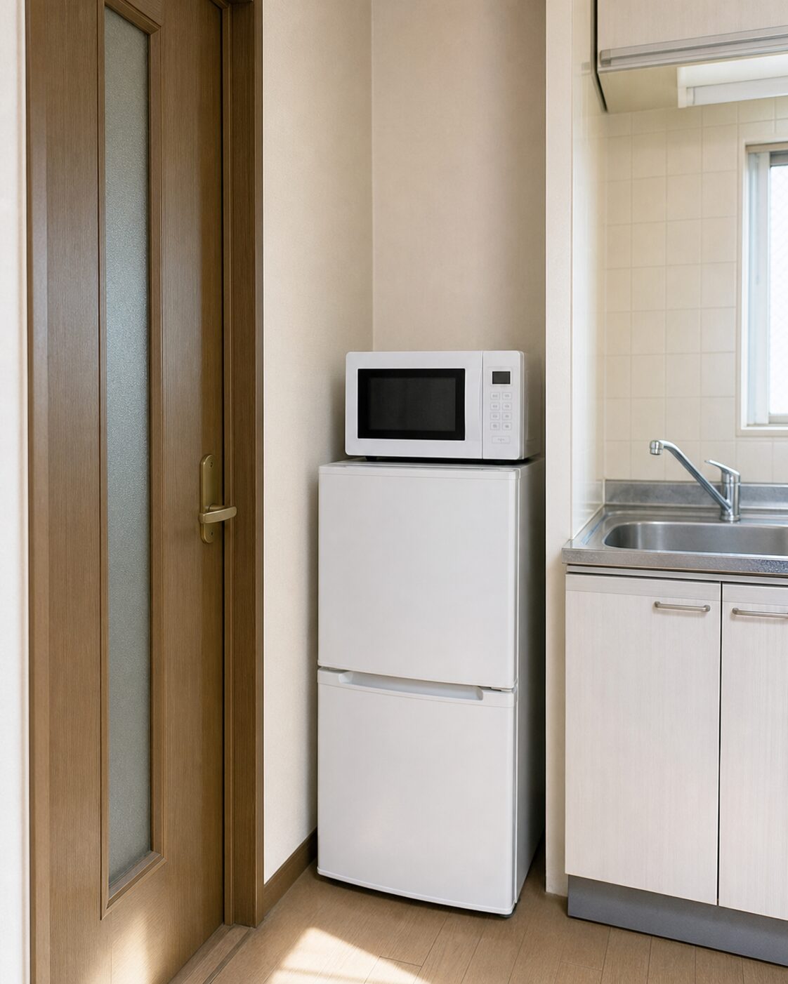 低い2ドア冷蔵庫の上へ電子レンジを置いた狭いキッチンの例
