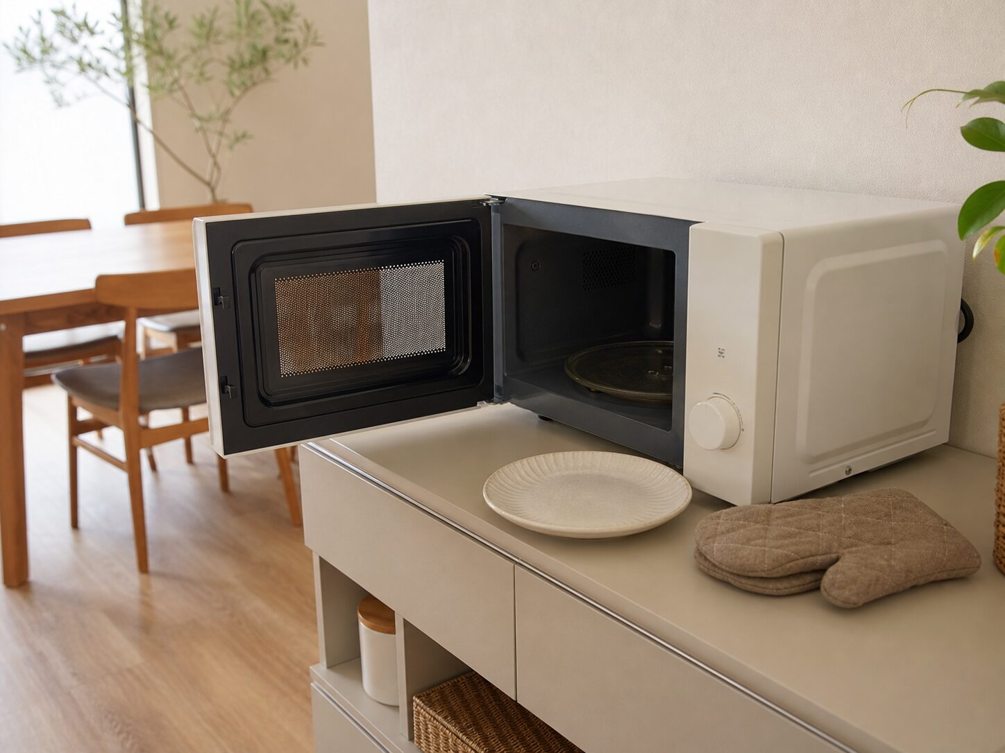 電子レンジの扉を開き横に空の皿とミトンを置ける作業面を確保した様子