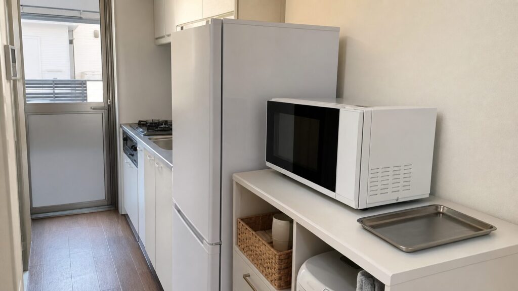狭いキッチンで専用カウンターへ電子レンジを置き横に皿の置き場と通路を残した配置
