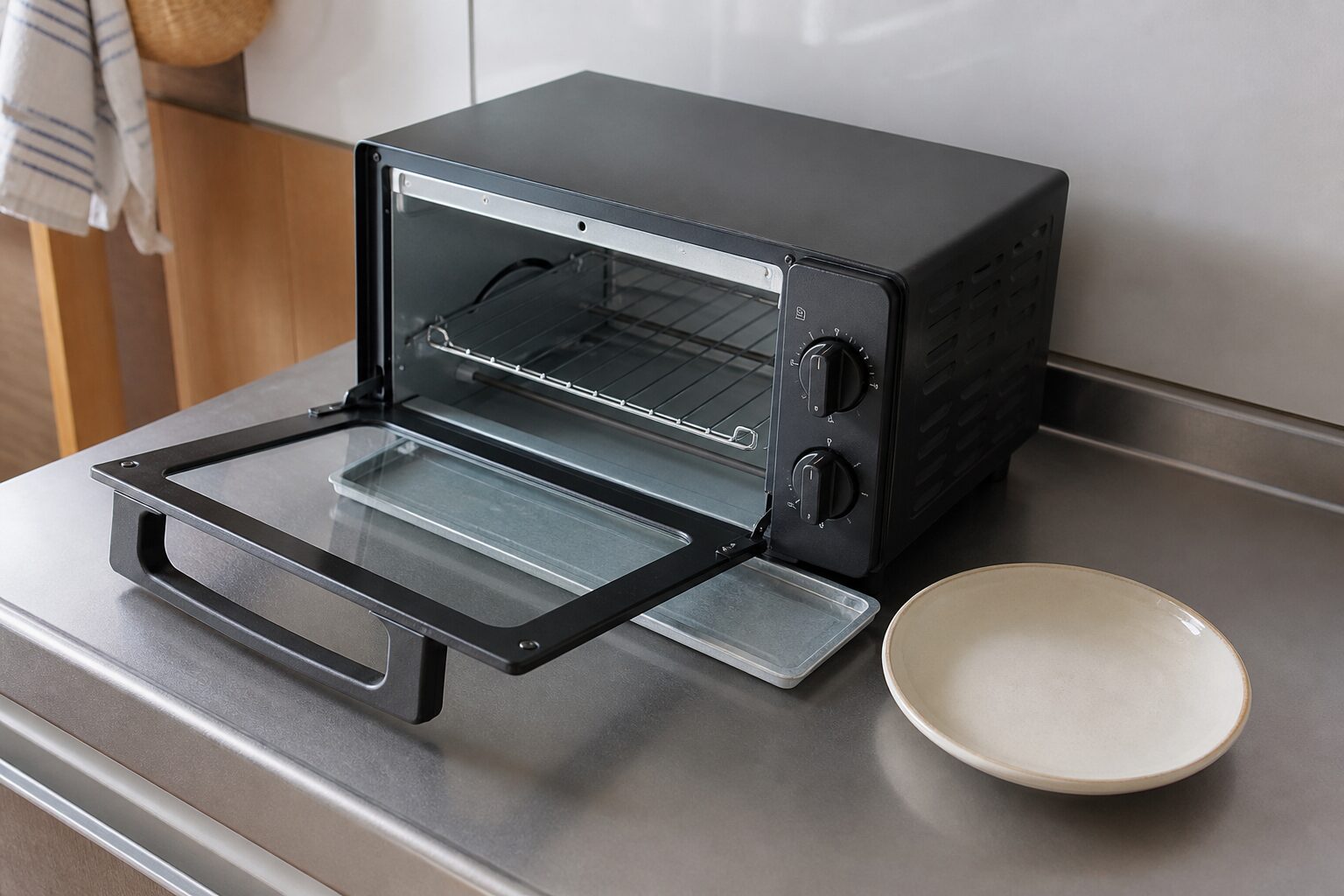 トースターの扉を開き手前に皿を置いてくず受け皿も引き出せるカウンター