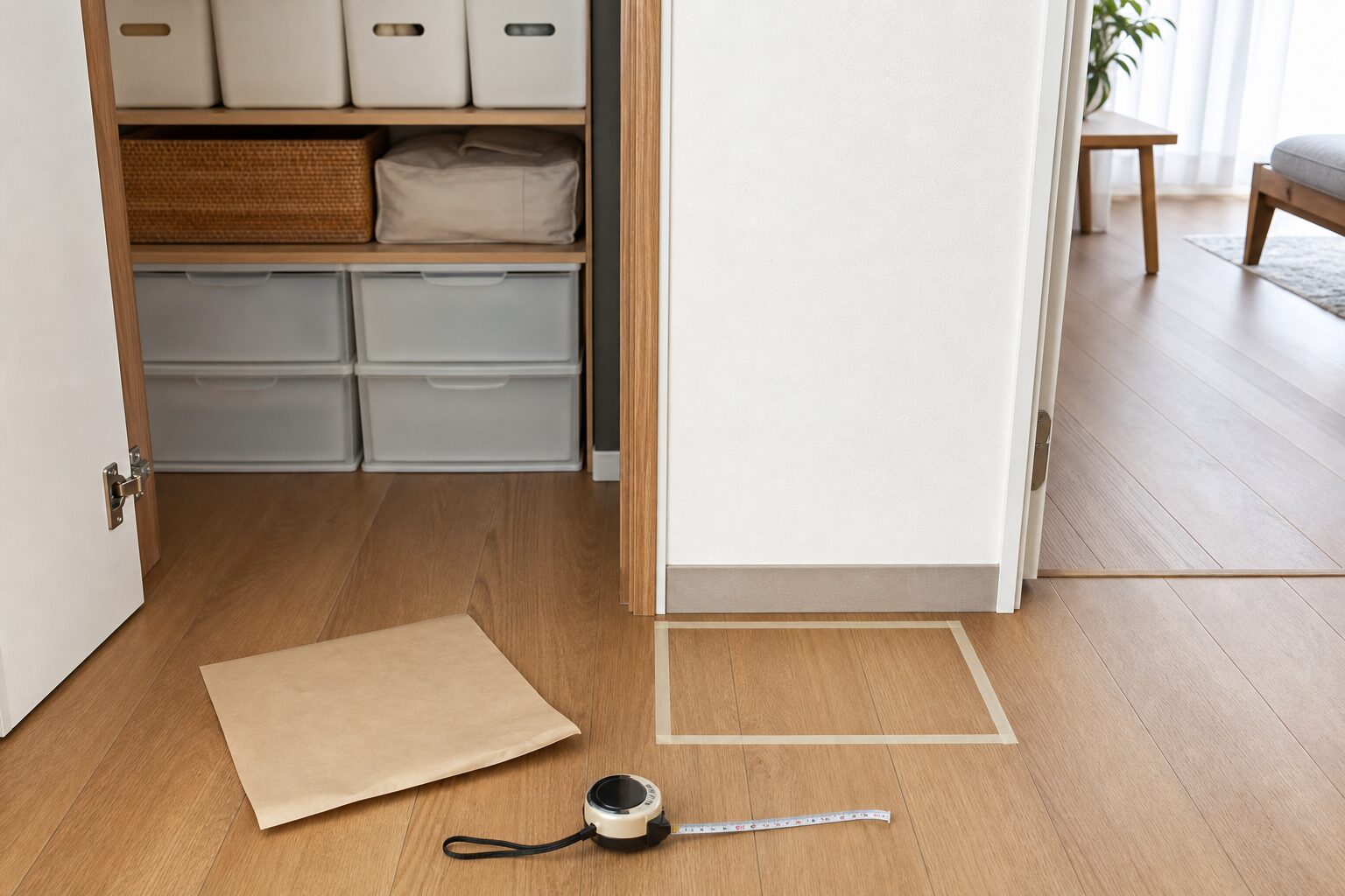 収納の近くで床へテープを貼り掃除機の必要寸法と扉の干渉を試す様子