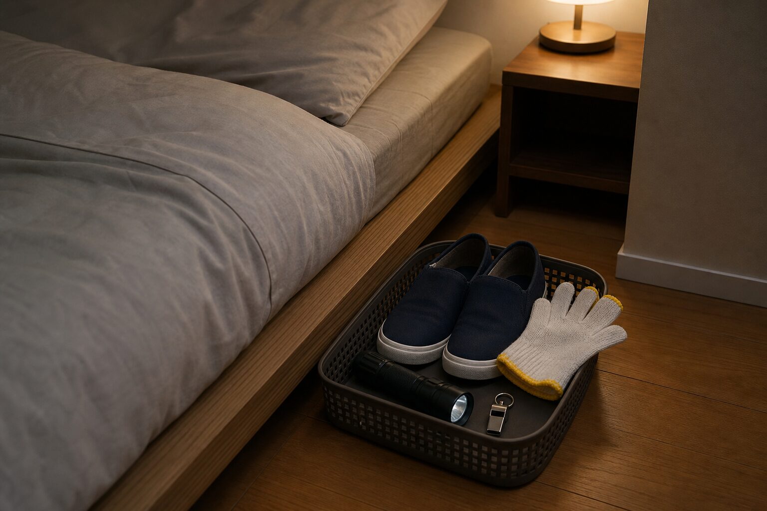 ベッド脇の小さなかごに懐中電灯、スリッポン、軍手、ホイッスルをまとめた枕元セット
