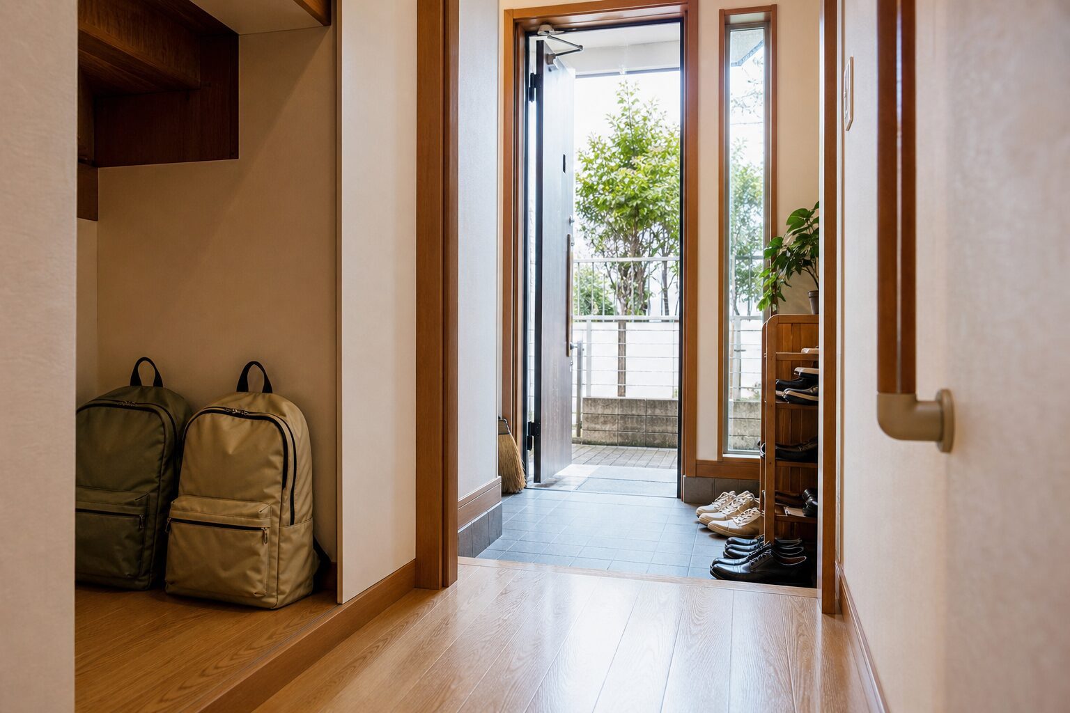 玄関横の低いくぼみに家族用の防災リュックを置き出口と通路を空けた状態