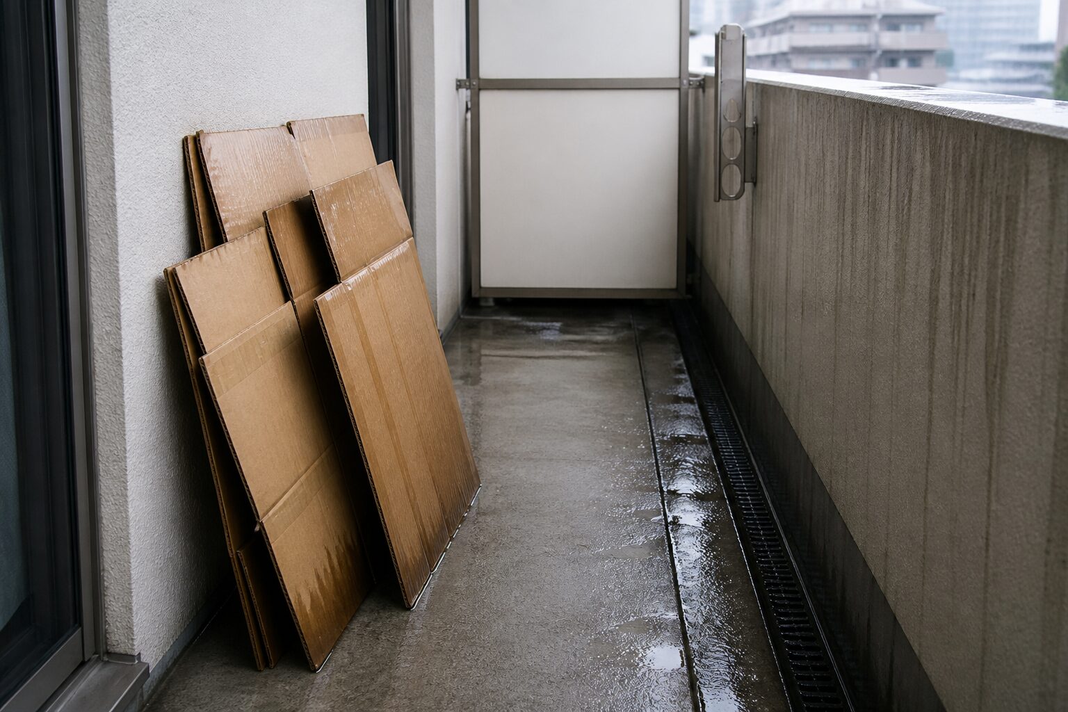 雨の後のベランダで下端が濡れた段ボール