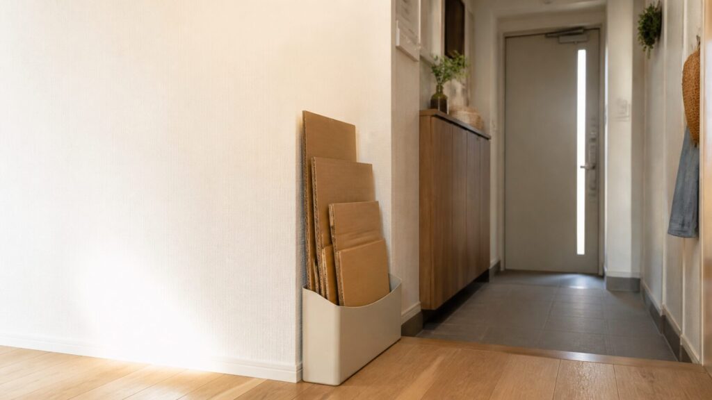 乾いた室内の壁際に平らな段ボールを立てた一時置き場