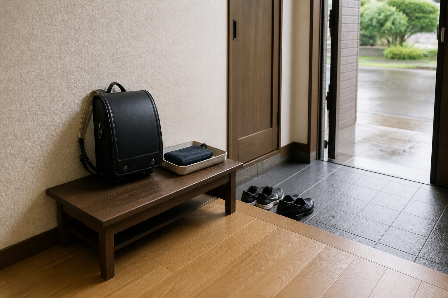 室内玄関の乾いた壁際に置いたランドセルと連絡袋を出す小さな台