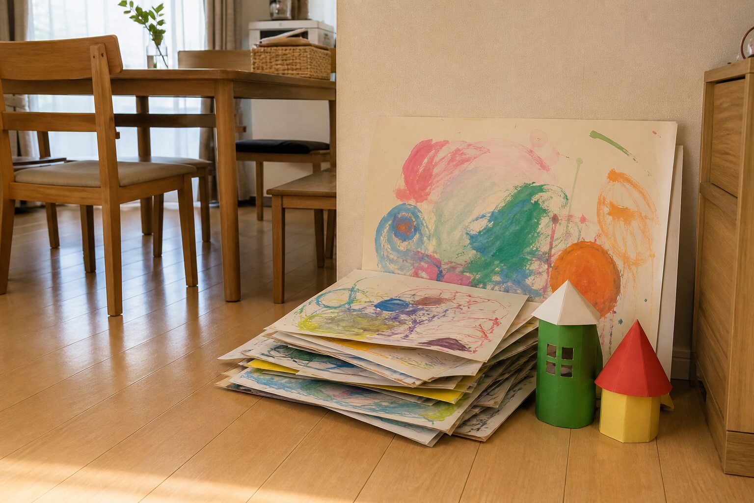 ダイニング脇に絵と大きな画用紙と紙工作をまとめて置いた学期末の室内
