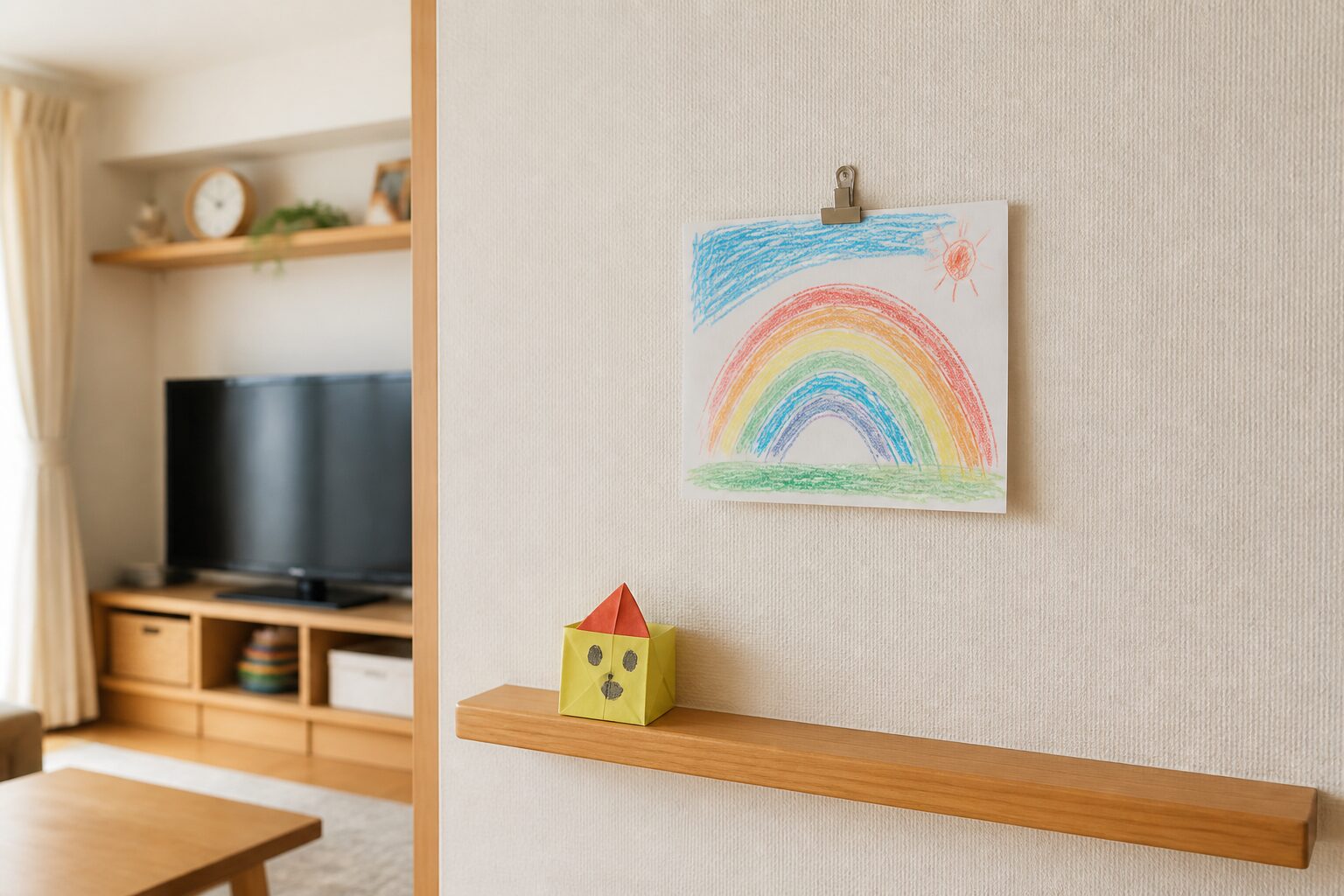 小さなリビングの壁に子どもの絵を一枚だけ飾り棚に紙工作を一つ置いた展示場所