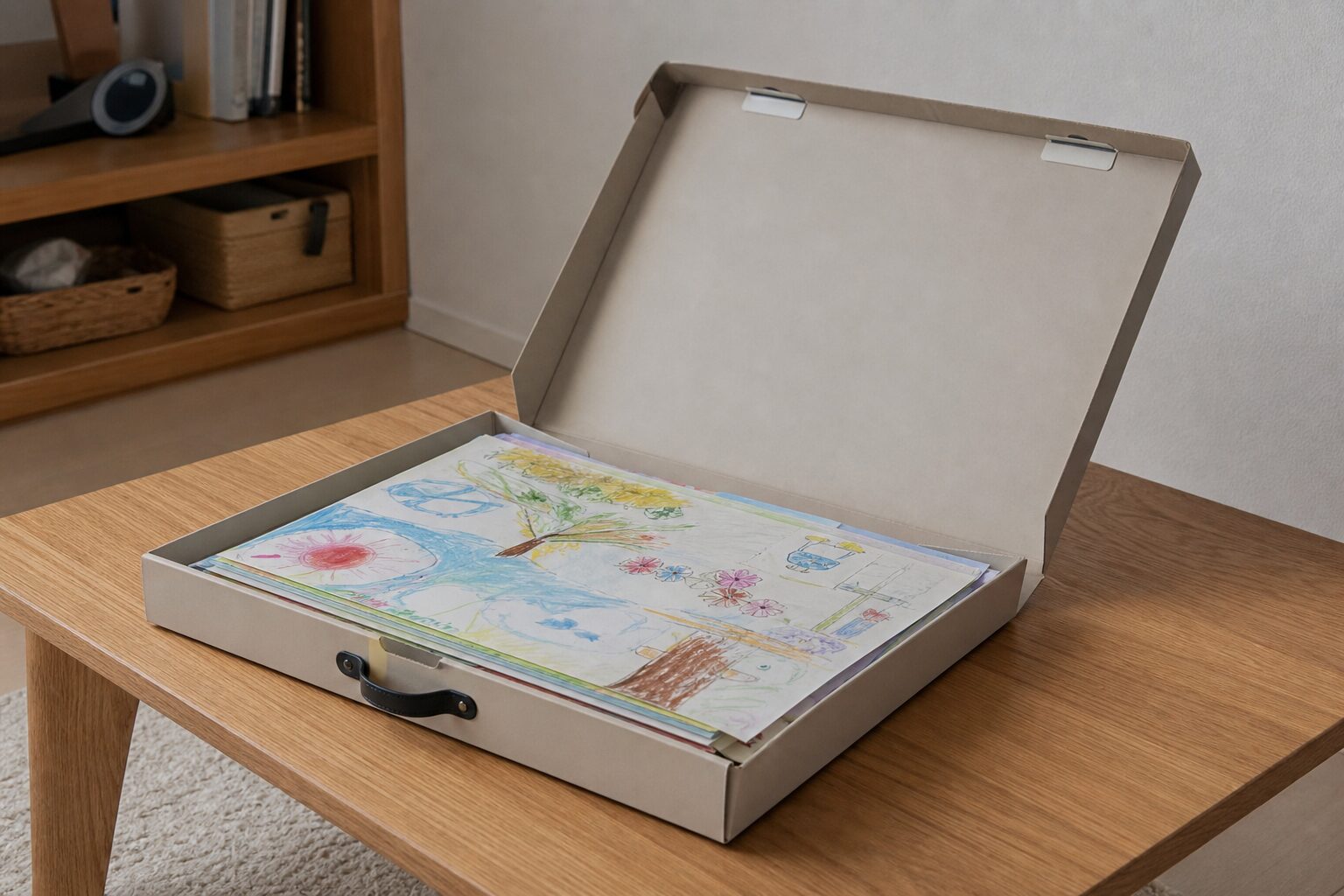 大きさの異なる子どもの平面作品を折らずに浅い保管ケースへ収めた室内