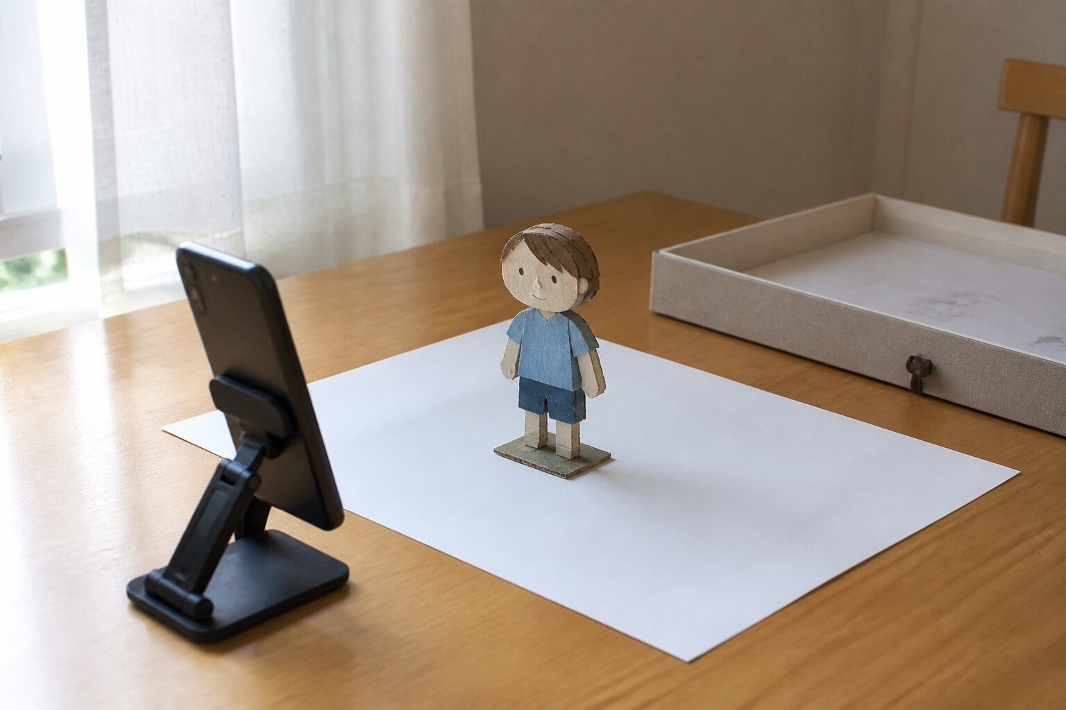明るい机で小さな紙工作を無地の背景に置き写真で記録できるようにした場面